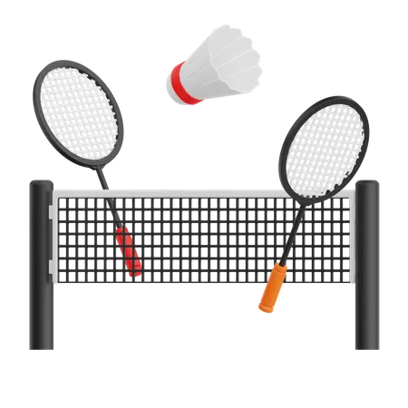 3 D Render Racket Net And Shuttlecock Badminton Icon Illustration Isolated On Transparent Background 3D Icon