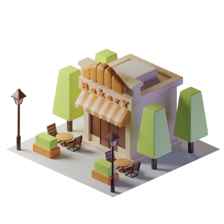 Bakery Isometric Building With Two Tables In Front And Trees And Street Lights 3D Illustration