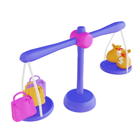 Balance de pondération avec sacs à provisions et sac d'argent  3D Illustration