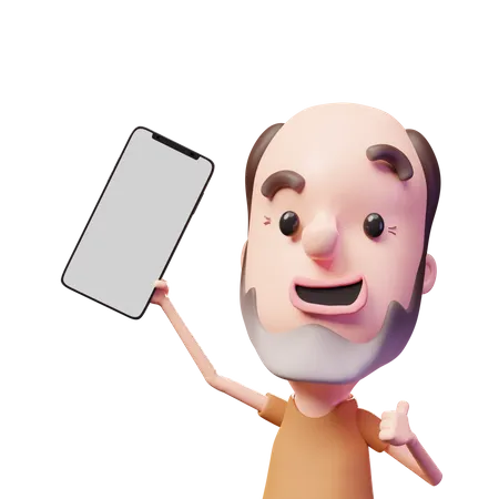 Bald man showing mobile screen  3D Illustration