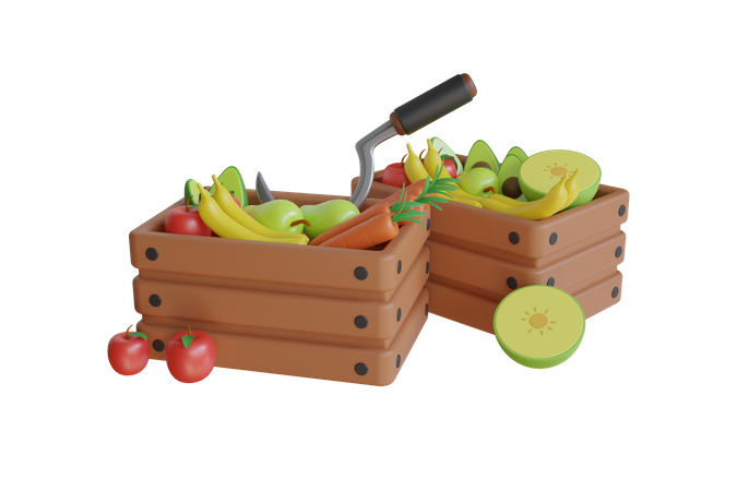 Balde de legumes e frutas  3D Illustration