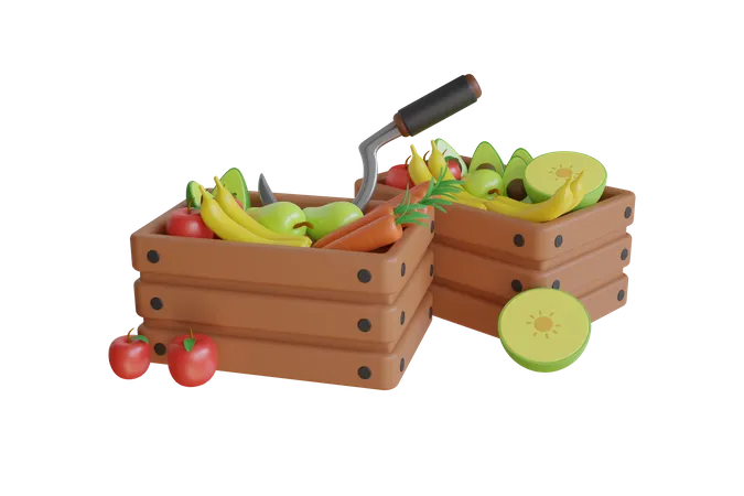 Balde de legumes e frutas  3D Illustration