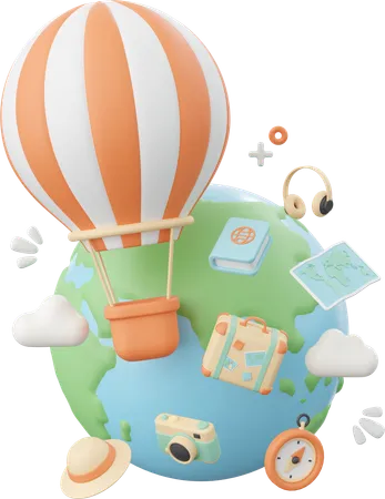 3 D Illustration Of Balloon Flying Around The Globe 3D Icon