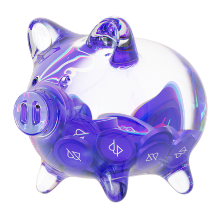 Sparschwein aus klarem Glas mit abnehmendem Stapel an Kryptomünzen  3D Icon