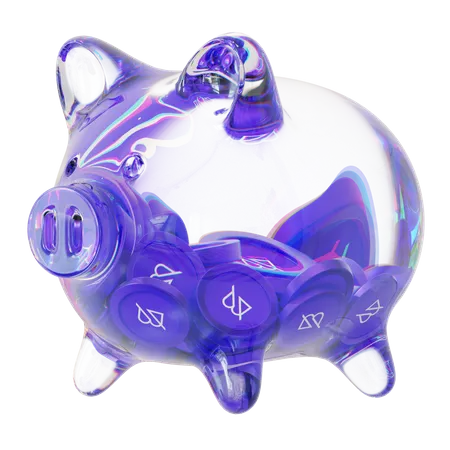 Sparschwein aus klarem Glas mit abnehmendem Stapel an Kryptomünzen  3D Icon