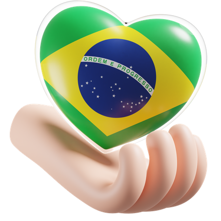 Cuidados com as mãos e coração com bandeira do Brasil  3D Icon