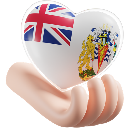 Cuidados com as mãos e coração com bandeira do Território Antártico Britânico  3D Icon