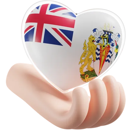 Cuidados com as mãos e coração com bandeira do Território Antártico Britânico  3D Icon