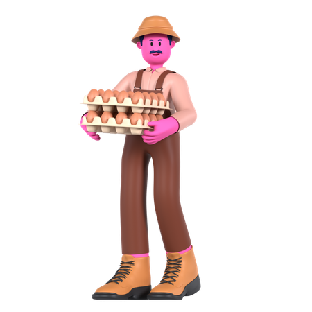 Agricultor masculino segurando a bandeja de ovos  3D Illustration