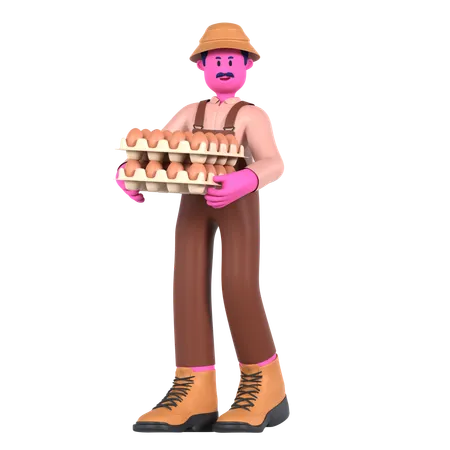 Agricultor masculino segurando a bandeja de ovos  3D Illustration