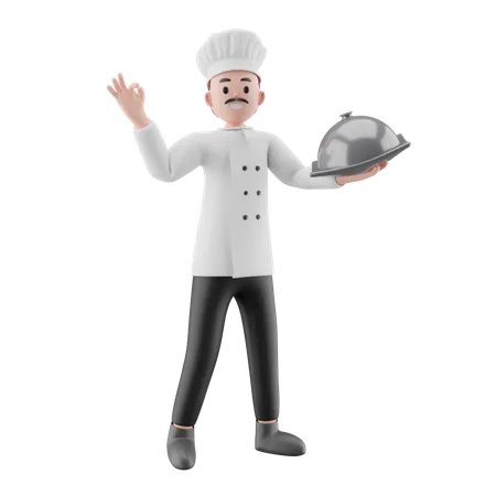 Chef masculino segurando bandeja  3D Illustration