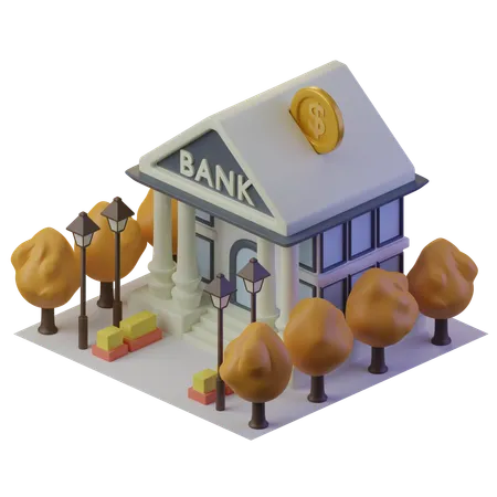 Bank Isometric Building With Trees And Street Lights 3D Illustration