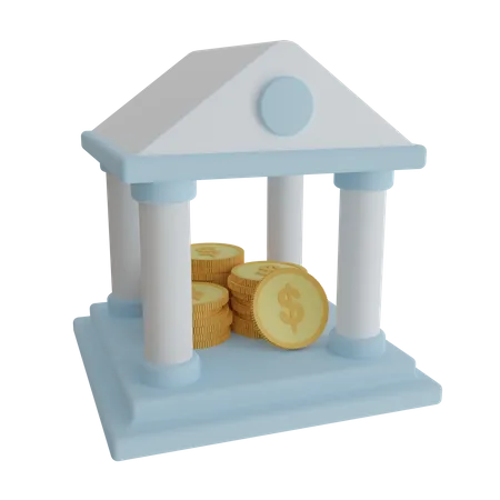 Bank Building With Pile Of Coins 3D Icon