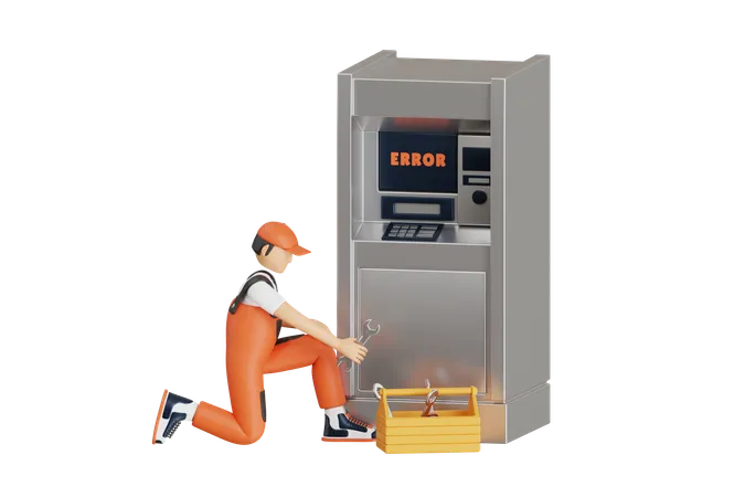 Bank ATM Repair Service 3 D Illustration Technician Repairing ATM Machine 3D Illustration