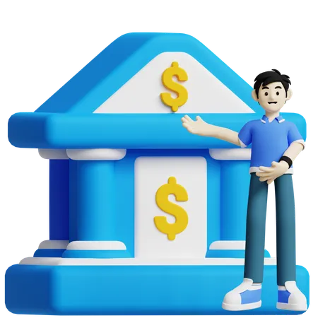 This 3 D Icon Depicts A Person Presenting A Bank Building With Dollar Symbols Suitable For Illustrating Financial Institutions Banking Services And Money Management 3D Icon