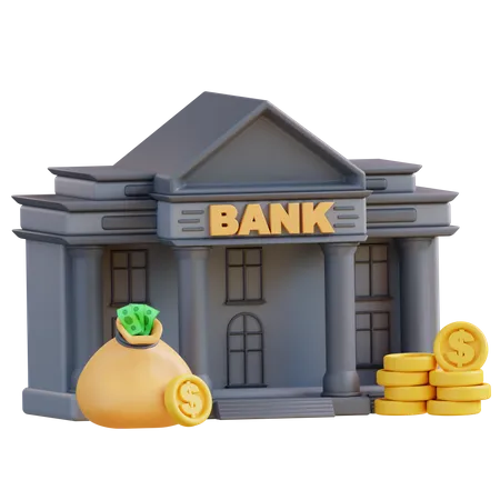 3 D Illustration Of Bank Building And Money Bag 3D Icon