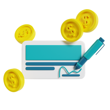 Bank Check With Coins And Pen  3D Icon
