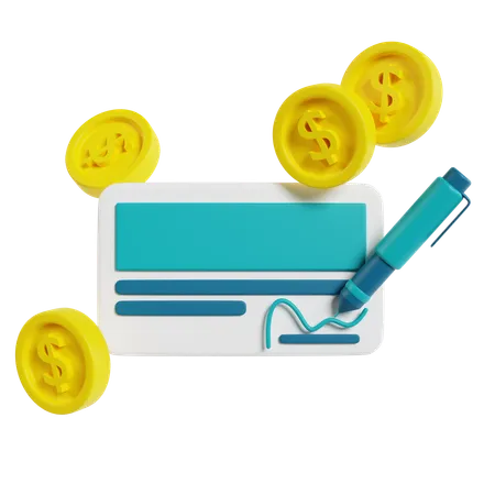 Bank Check With Coins And Pen  3D Icon