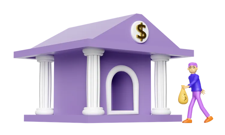 Bank Deposit With Cartoon Character Man Bank Or Tax Office Building Isolated Saving Money Business Banking Concept 3D Illustration