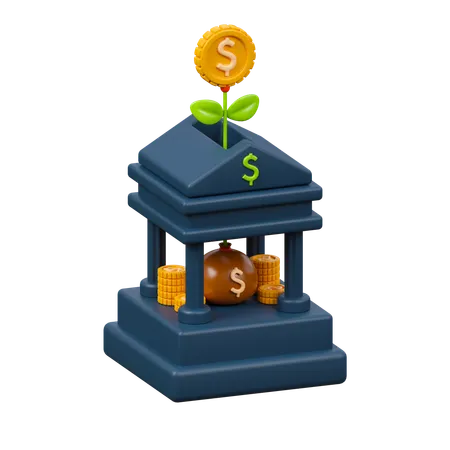 Bank Interests 3 D Icon Bank Building With Money Bag Stack Of Coin And Coin Tree 3D Icon