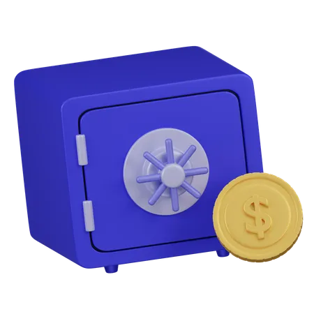 3 D Rendering Of A Secure Blue Safe Box With A Large Gold Coin Symbolizing Financial Security And Savings 3D Icon