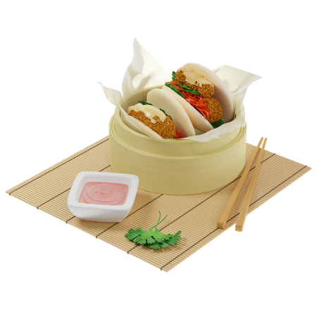 Bao buns steamed with tempura shrimp served in a bamboo steamer on parchment paper with sauce  3D Illustration