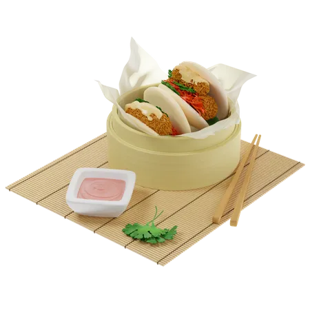 Bao buns steamed with tempura shrimp served in a bamboo steamer on parchment paper with sauce  3D Illustration