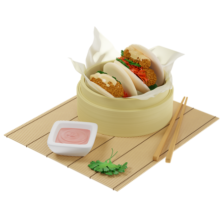 Bao buns steamed with tempura shrimp served in a bamboo steamer on parchment paper with sauce  3D Icon