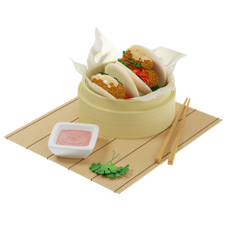 Bao buns steamed with tempura shrimp served in a bamboo steamer on parchment paper with sauce 3D Illustration