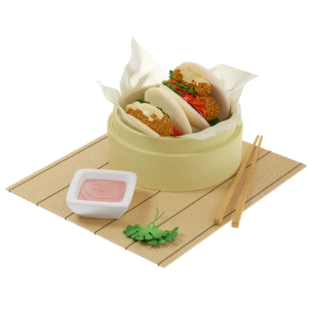 Bao buns steamed with tempura shrimp served in a bamboo steamer on parchment paper with sauce 3D Illustration
