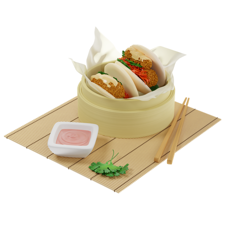 Petits pains bao cuits à la vapeur avec des crevettes tempura servis dans un cuiseur vapeur en bambou sur papier sulfurisé avec sauce  3D Illustration