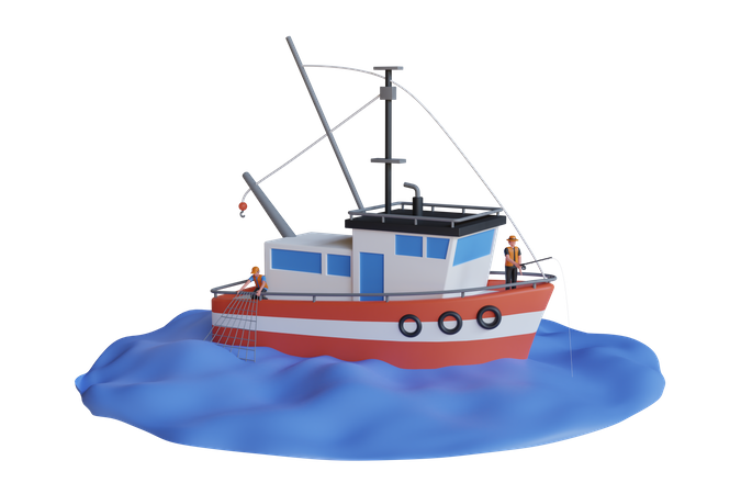 Barco de pesca e pescador  3D Illustration