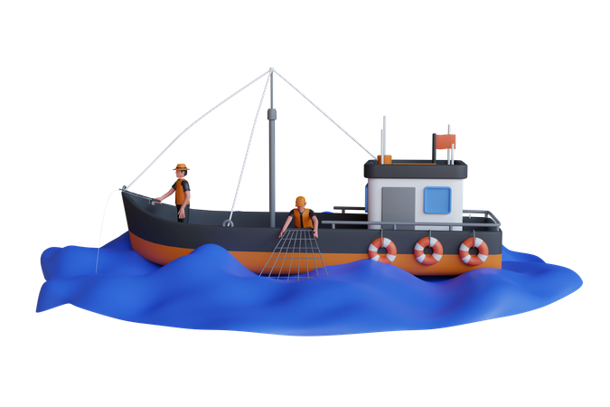 Barco de pesca en el agua  3D Illustration