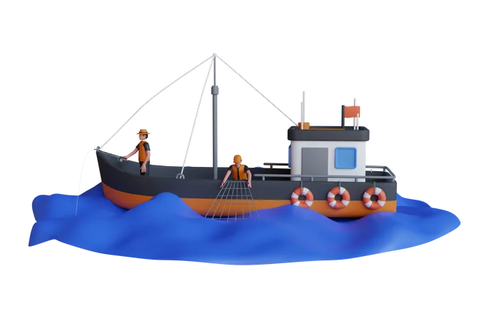 Ilustracion 3 D Del Hombre Pescando En El Barco Pescando Mariscos Y Usando Red Barco De Pesca En Disco De Agua Barco De Pesca Y Pescador Ilustracion 3 D 3D Illustration