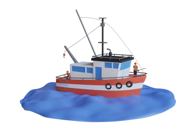 Barco de pesca y pescador.  3D Illustration