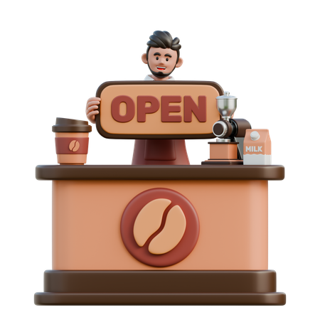 Barista abre tienda  3D Illustration