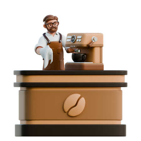 Barista At Coffee Counter To Making Coffee  3D Illustration