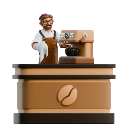 Barista At Coffee Counter To Making Coffee  3D Illustration