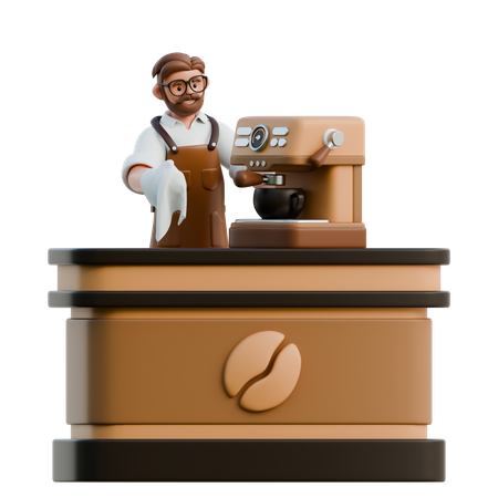 コーヒーカウンターでコーヒーを作るバリスタ  3D Illustration