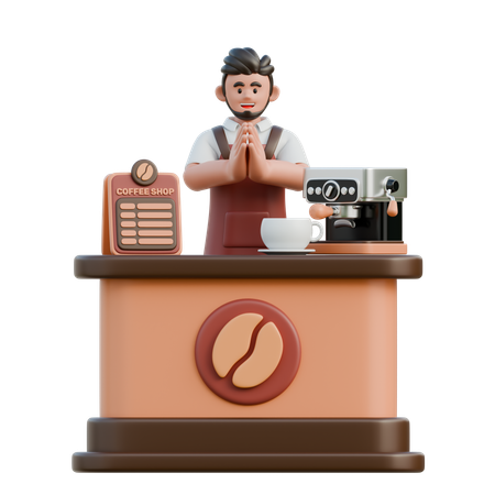 Barista cumprimenta clientes  3D Illustration