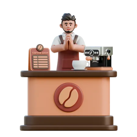 Barista cumprimenta clientes  3D Illustration