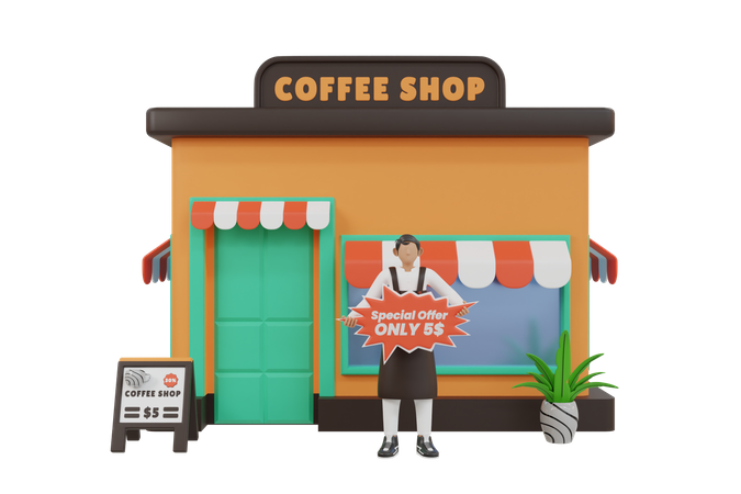 Barista dando oferta especial en la cafetería.  3D Illustration