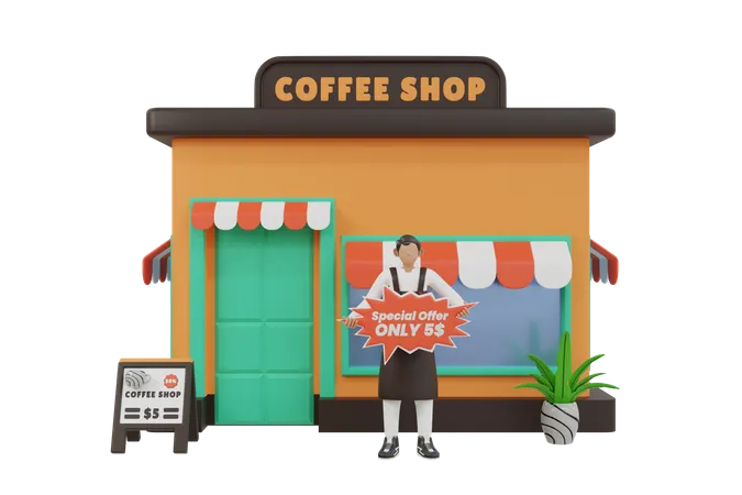 Barista dando oferta especial en la cafetería.  3D Illustration