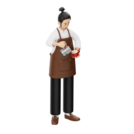 Barista decorando uma xícara de café  3D Illustration