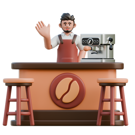 Le barista dit bonjour au bar  3D Illustration