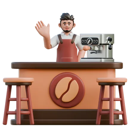 Le barista dit bonjour au bar  3D Illustration