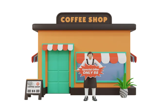 Barista gibt Sonderangebot im Café  3D Illustration