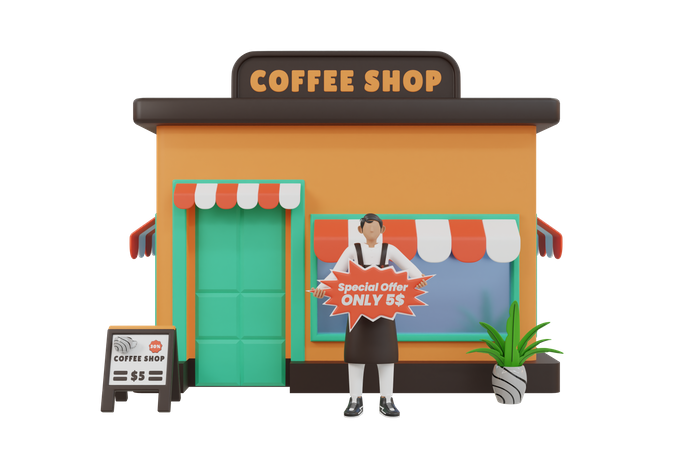 Barista giving special offer at coffee shop  3D Illustration