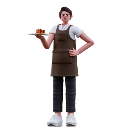 Barista hält Kuchenteller  3D Illustration