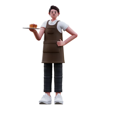 Barista hält Kuchenteller  3D Illustration